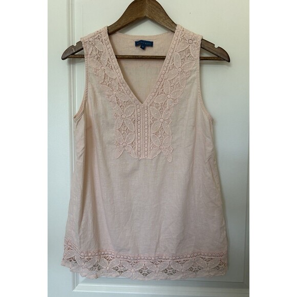 AntibesBlanc Shirt Medium Linen Blend Floral Embroidered Lace Crochet Trim Blush - Picture 1 of 9